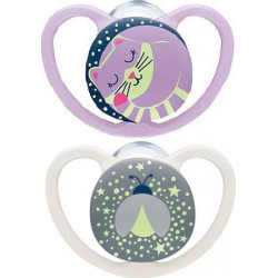 Nuk® πιπίλες νύχτας Space Night μέγεθος 1 (0-6M) με θήκη σετ των 2