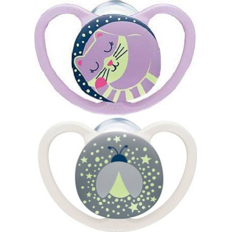 Nuk® πιπίλες νύχτας Space Night μέγεθος 1 (0-6M) με θήκη σετ των 2