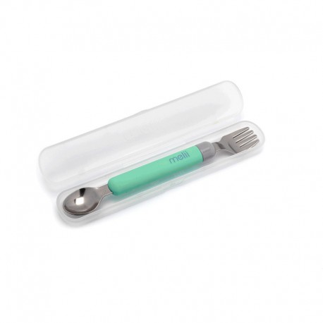 Melii Σετ κουτάλι και πιρούνι Spork On the Go Mint - Grey 2 σε 1 με θήκη