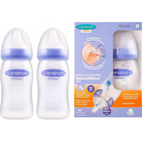 Lansinoh μπιμπερό 240 ml με θηλή Natural Wave™ μεσαίας ροής 3M+ σετ των 2